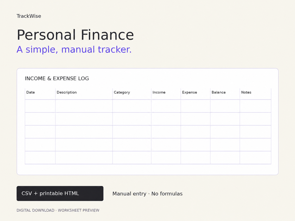 TrackWise manual income and expense log. CSV and printable HTML; manual entry, no formulas.